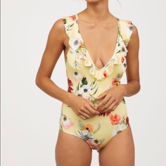 H & M Yellow Floral Deep V Neck With Ruffle Trim One Piece Swimsuit Women's 10 - Picture 1 of 12